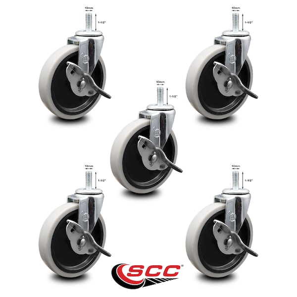 5 Inch Thermoplastic Wheel 10mm Threaded Stem Caster Set with Brakes SCC, 5PK